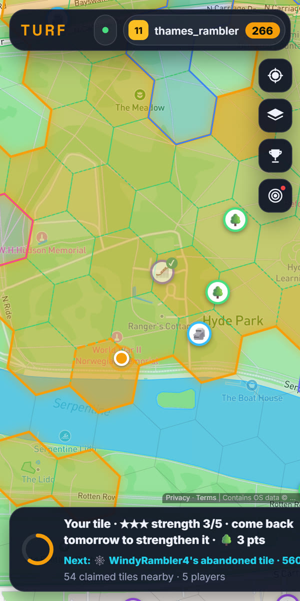 The Turf map: your glowing territory in Hyde Park next to rivals' tiles, with their names on the map