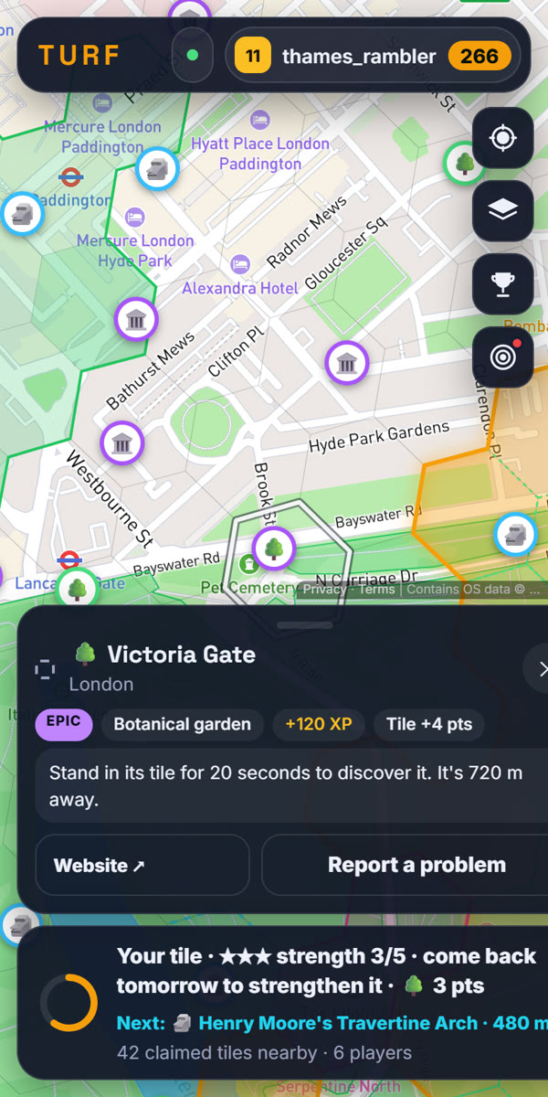 A landmark card: Victoria Gate, epic, botanical garden, +120 XP