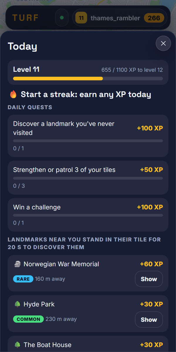 The Today screen: daily quests and landmarks near you