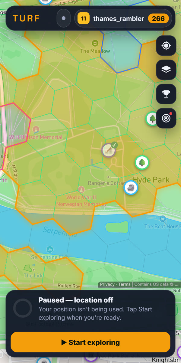 The Start exploring button on the Turf map
